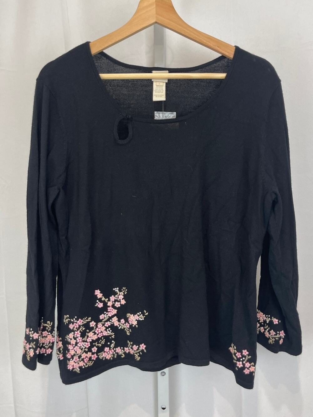 NWT J. JILL Floral Embroidered Keyhole Pullover Sweater Black Pink Size L